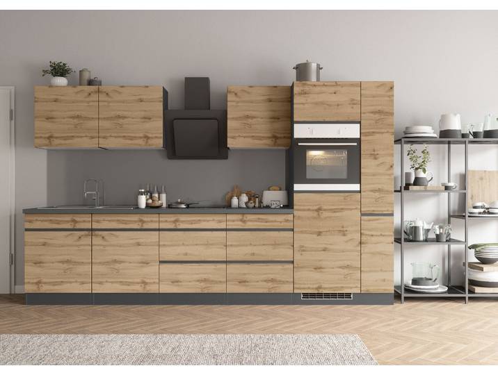 Küchenzeile KOCHSTATION KS-Riesa , braun (küche: natur, front: wotaneiche, korpus: grafitgrau, arbeitsplatte: betongrau), B:330cm H:200cm T:60cm, Komplettküchen-Sets, Küchenzeile, Stellbreite 330 cm, ohne E-Geräte