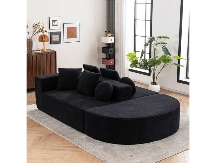 WOVREO canapé modulable compressé 5 places convertible en chenille noire sans montage 263 x 171 cm