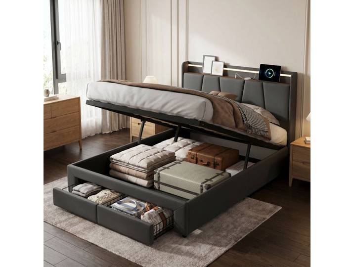 Lit Coffre 140x190 - Lit double 140x190 cm avec LED et 2 tiroirs - Tête de lit avec rangement USB - Lit 140x190 cm avec Sommier-Gris
