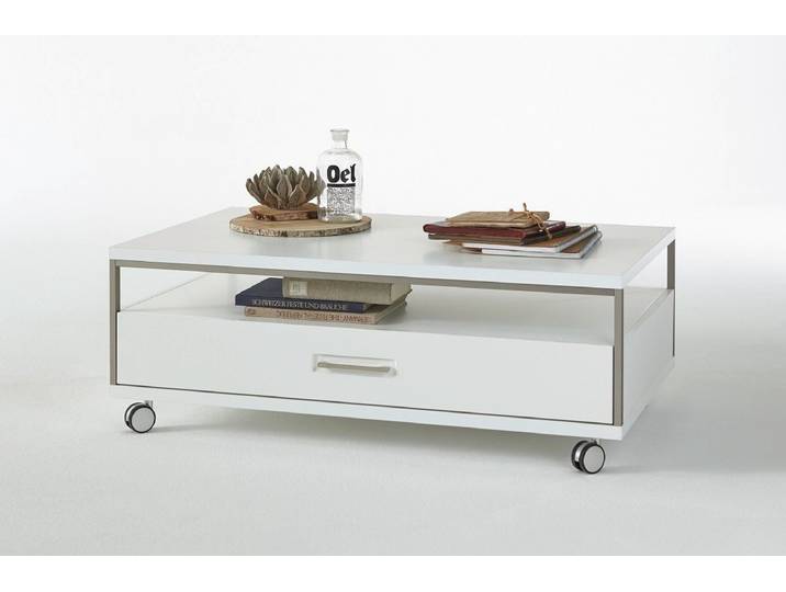 Furnhaus Couchtisch Couchtisch Trento, Wohnzimmertisch, weiß Hochglanz (no-Set), 115 cm, mit Rollen