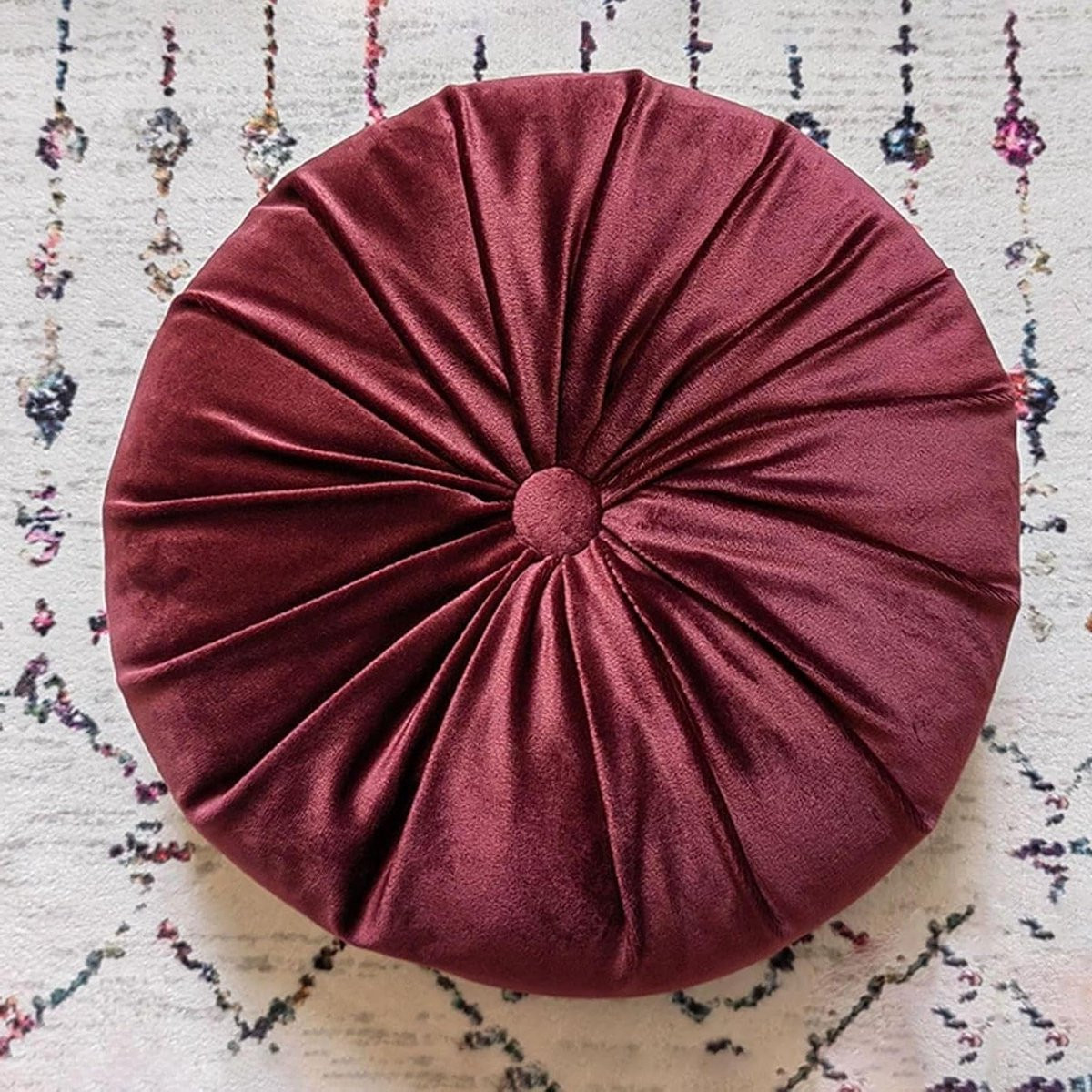 Rood Pompoenvormig Kussen - Rond Sierkussen met Geplooid Ontwerp - Diameter: 35 cm