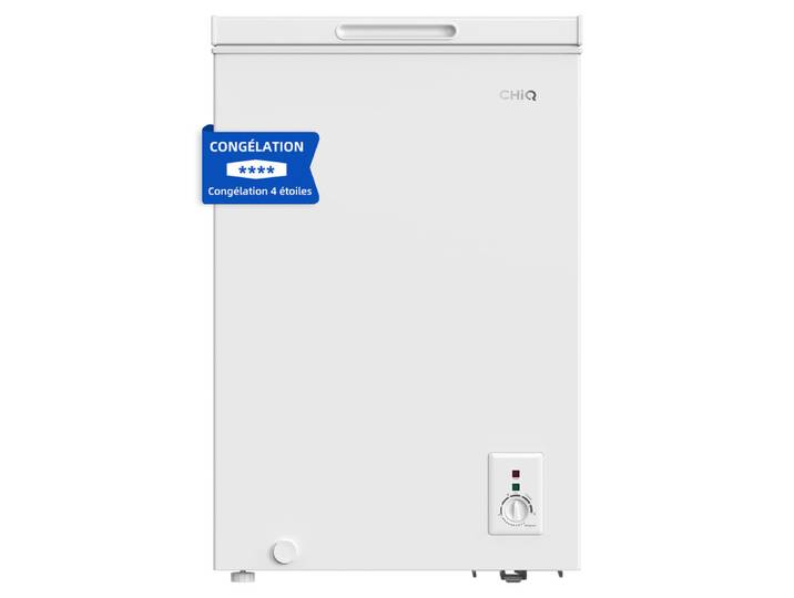 CHiQ Congélateur coffre 99 L JR99DWE, capacité de congélation 4 étoiles, thermostat réglable, panier métallique amovible, couvercle coulissant, fonctionnement silencieux, finition blanche, classe énergétique E