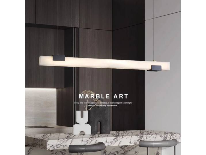 Lustre Long en marbre naturel espagnol, lampe LED rectangulaire de luxe pour Restaurant, salon, réception, tout en cuivre