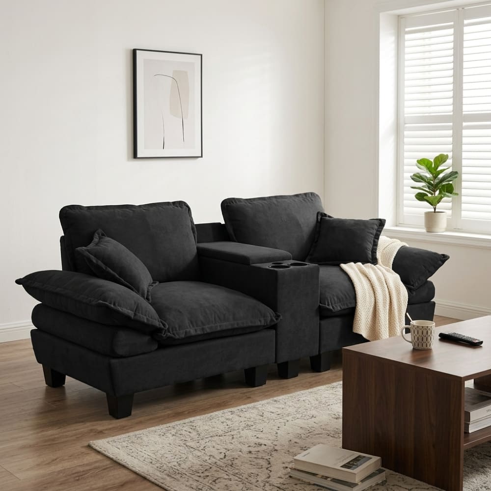 OKWISH Canapé modulable en chenille noir avec rangement et usb Noir 224x90x82cm