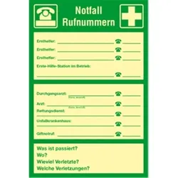 Schild Notfall Rufnummern zur Selbstbeschriftung, Kunststoff, nachleucht., 200x300 mm