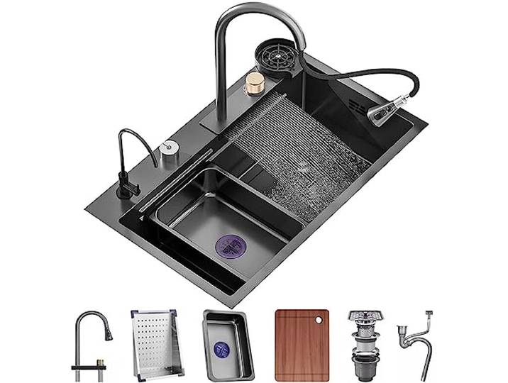 Einzelbecken-Wasserfallspüle, Edelstahl-Küchenspüle, Nano-Beschichtung, Arbeitsplatzspüle mit ausziehbarem Wasserhahn und Tassenwascher, komplettes Zubehör-Set (Größe: 68 x 45 x 22 cm)