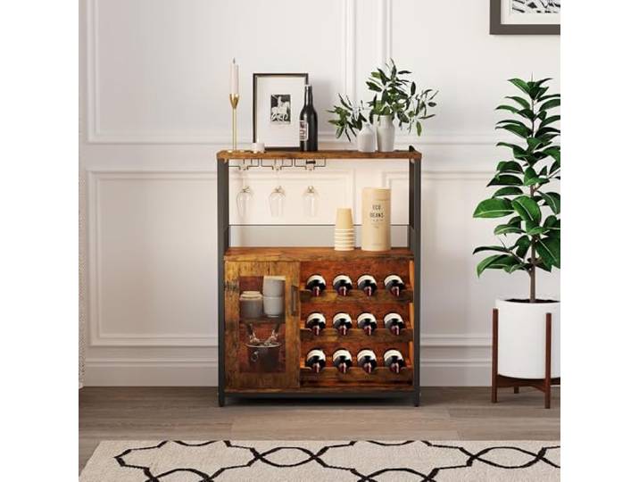 GarveeMore Industrial Weinschrank/Bar-Schrank Mit LED-Beleuchtung Flexible Weinaufbewahrung Integrierter Gläserhalter LED-Atmosphäre
