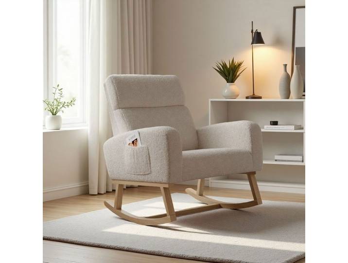 Fauteuil à Bascule ADWOLT Rocking Chair avec rangement de poche Chaise à Bascule avec Pieds en Bois Style Scandinave Beige