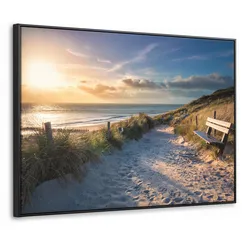 LEINWAND Bilder mit Rahmen - Sonnenuntergang - Strand - Düne - Gras - Ufer - 100x70