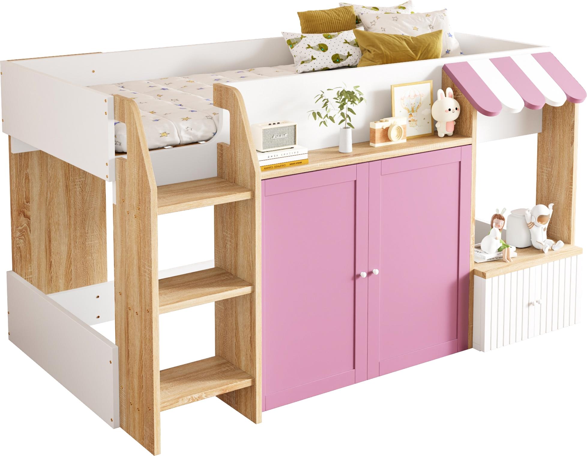 Kinderbett Hausbett 90x200,mit offenem Stauraum, mit Kletterleiter, Halbhohes Kinderhochbett,Massivholz-Kinderetagenbett ohne Matratze,