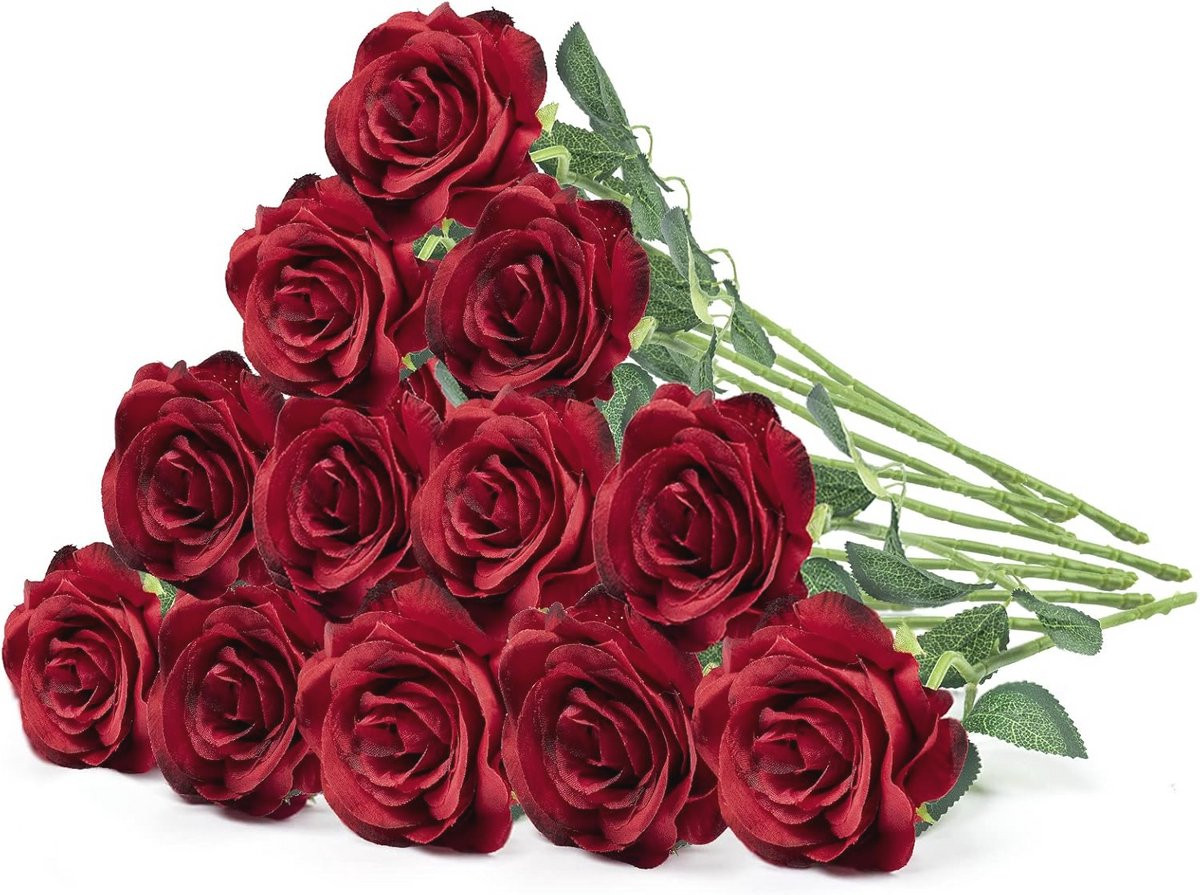 Set van 12 donkerrode kunstrozen - Realistische zijden bloemen voor decoratie