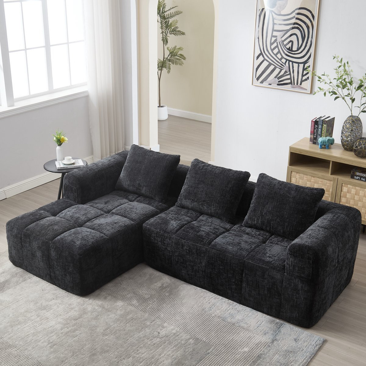 KOMHTOM Moderne modulaire L-bank, 3-zits chenille bank met chaise longue en armleuningen, zwart