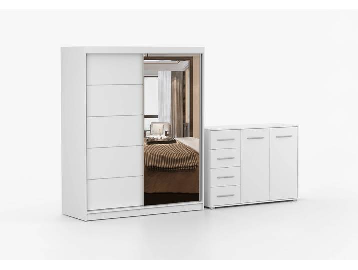 Schwebetürenschrank und Kommode 2-er Set BONO 05/FRIDA 01 Weiß Weiß + Spiegel