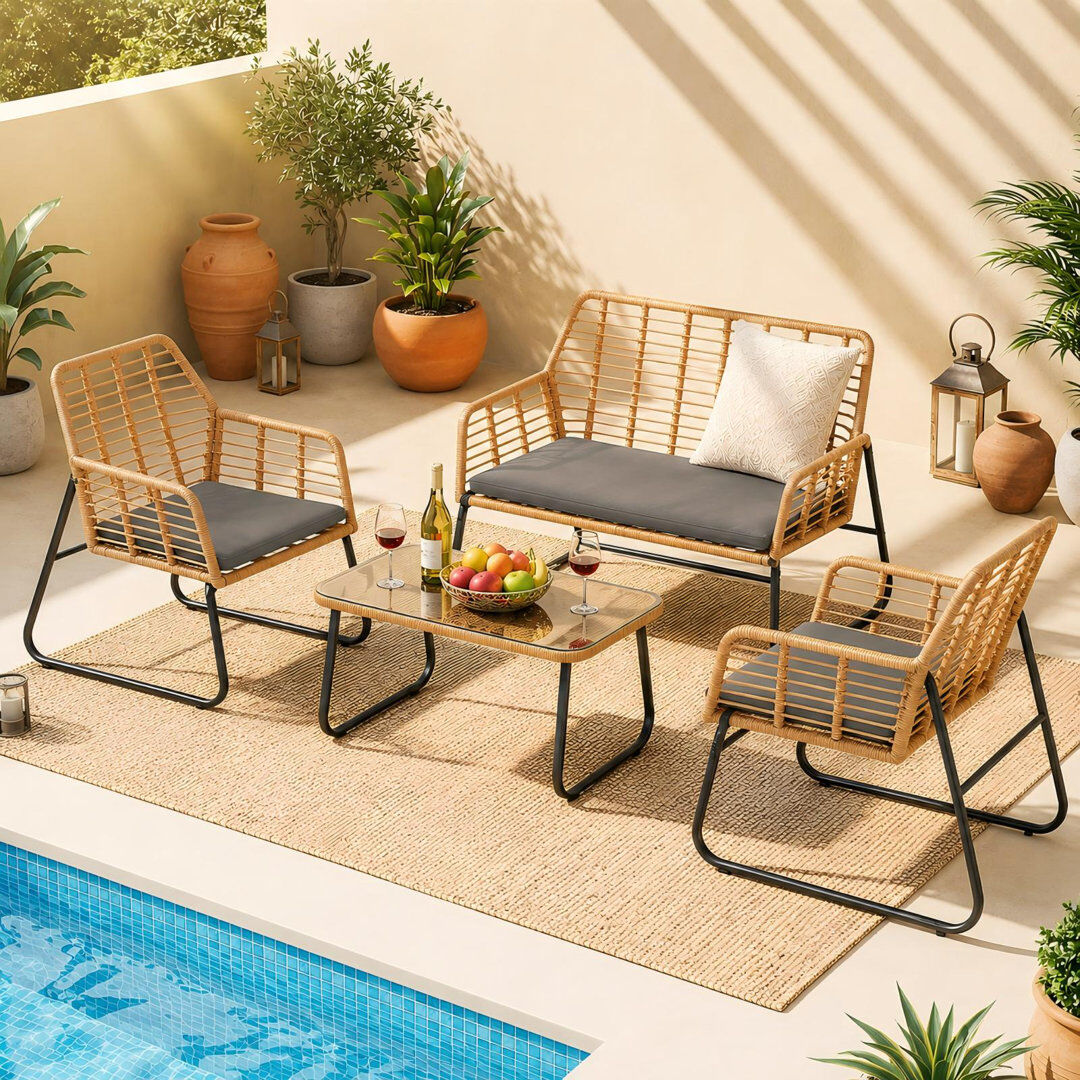17 Stories 4-Piece PE Rattan Outdoor Seating Group with Tempered Glass Coffee Table Brown 4