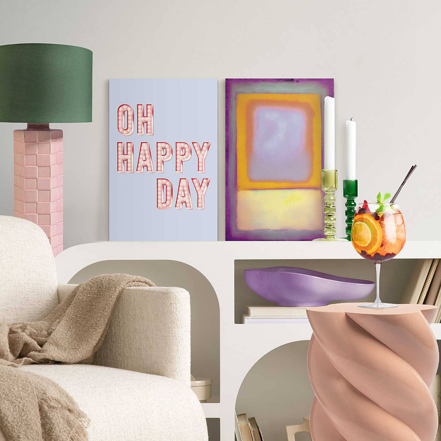 home24 Set afbeeldingen Happy Day 2-delig MDF houten lijst, roze/roze