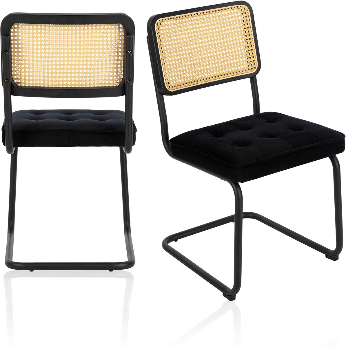 COLAMY Set van 2 fluwelen eetkamerstoelen met rieten rugleuning - Zwart
