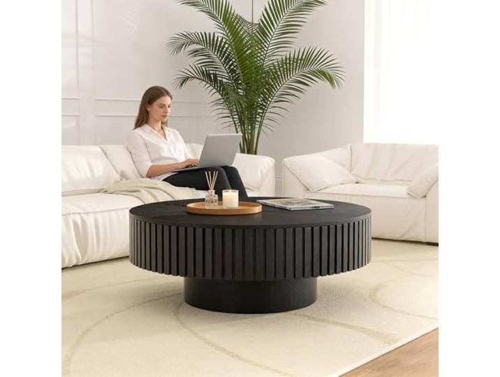 FeiZhiYanS Runder geriffelter Couchtisch aus Holz Moderner, Handgefertigt, Mitte des Jahrhunderts, Stabiler Sockel, Für kleine Räume im Wohnzimmer