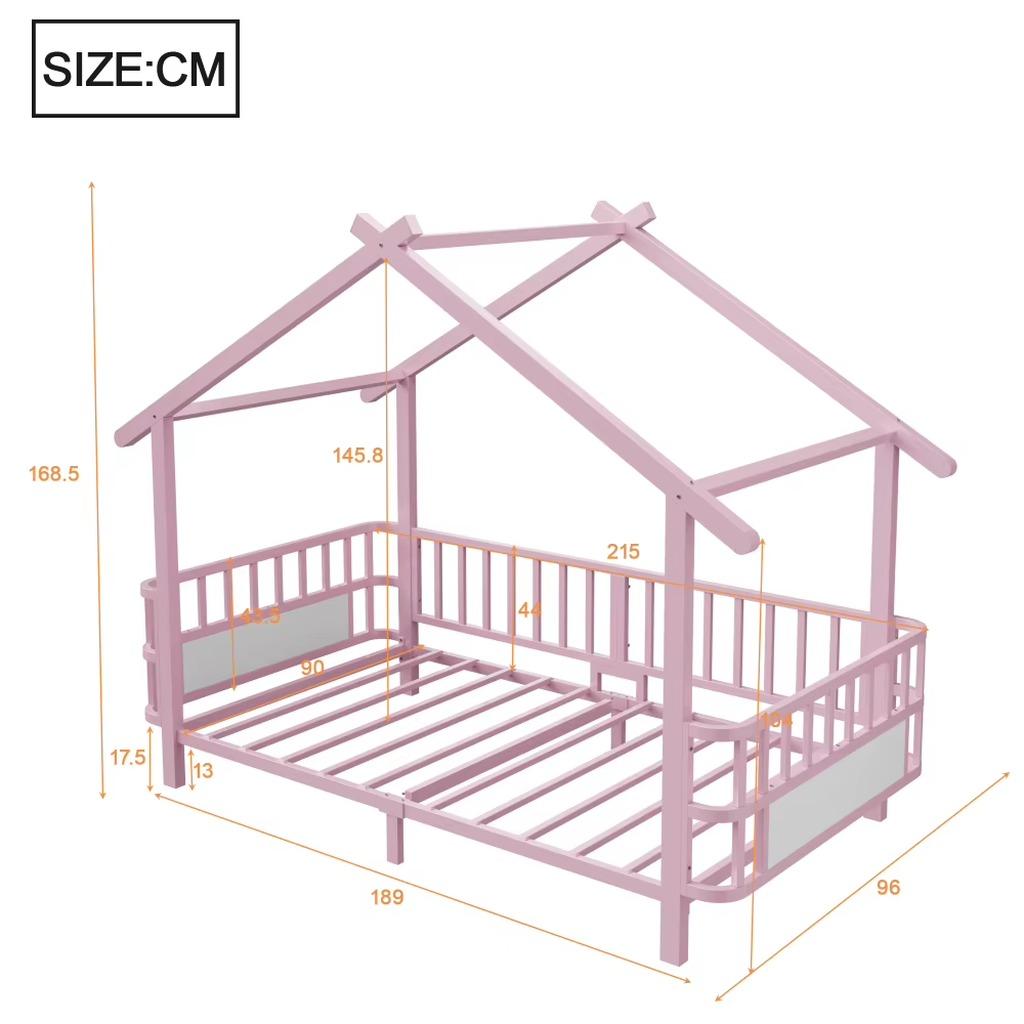 Kinderbett im Spielhausstil - Metallrahmen - Einzelbett - Schutzgitter - Dekoratives Dach - 90 x 200 cm - Rosa