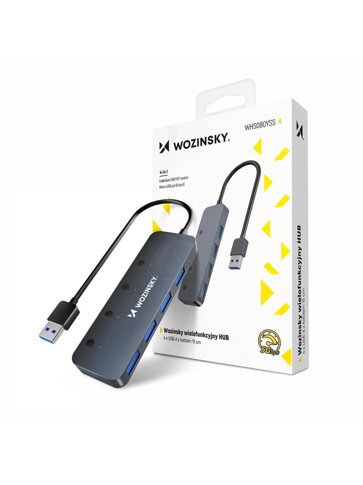 Wozinsky USB-A Hub WHS080YSS 4 x USB-A 3.0 with individual switches aluminum with 30 cm cable - gray USB-Hubs