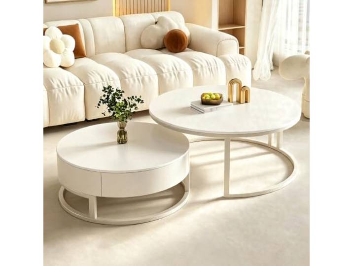 Set aus 2 modernen, runden Satztischen (Couch- und Beistelltische) Moderner Couchtisch mit Stauraum und Schubladen – vielseitiges Möbelstück für Wohnzimmer (A,19.7+27.6in)