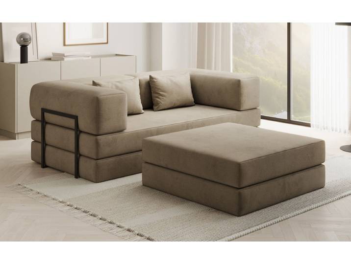 Lazy Spar-Set: 3-Sitzer + Hocker in Samt - Sand - Samt - Luxusbetten24