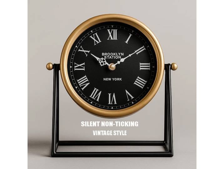 Horloge de table vintage silencieuse sans tic-tac, horloge de bureau rétro américaine avec chiffres romains, cadre en métal pour, chambre à coucher, décoration de bureau