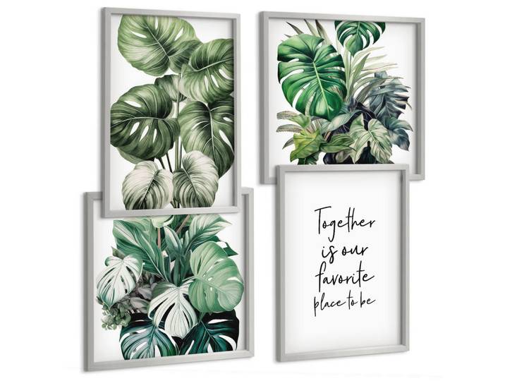 Tulup Bilder SET 4er Set - 50x50 cm & 40x60 cm Silberner Rahmen - Dekoration aus grünen tropischen Blättern, Silberfarben, Kunststoff, Rechteckig, 50x50 cm, Fotografie, Bilder & Rahmen, Bilder