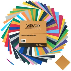 VEVOR Vinylfolie Wärmeübertragung Transferfolie (304,8 x 304,8 mm) 50 Blätter, verschiedene Farben, Plotterfolie kompatibel mit Schneidemaschinen, Aufbügelfolie für T-Shirts Kissen Hüte