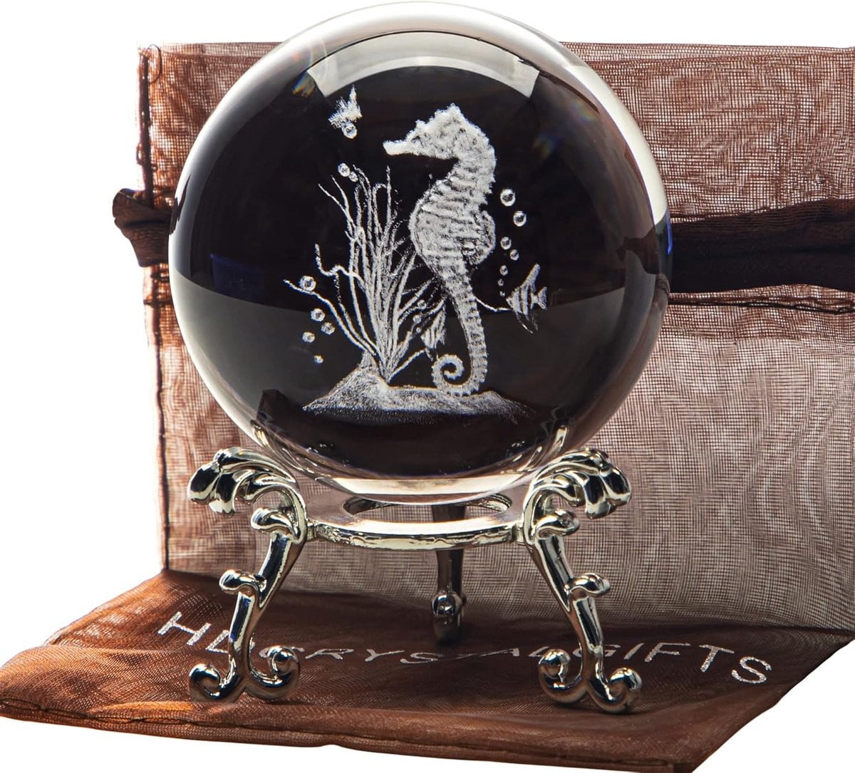 3D kristallen bol met zeepaardje en standaard, decoratieve presse-papier, diameter: 60 mm