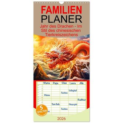 Familienplaner 2026 - Jahr des Drachen - Im Stil des chinesischen Tierkreiszeichens mit 5 Spalten (Wandkalender, 21 x 45 cm) CALVENDO