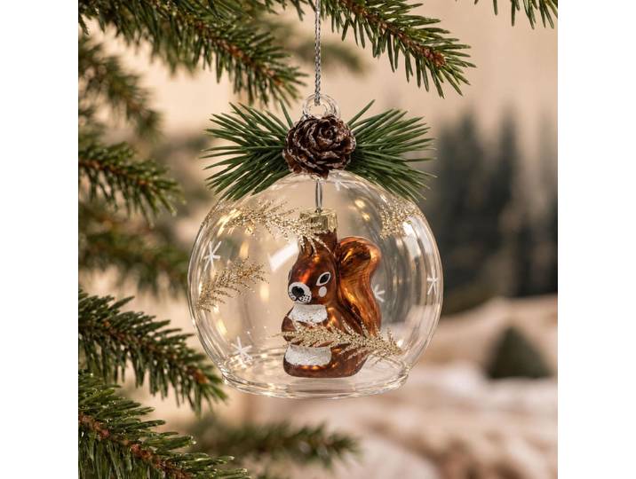 Weihnachtskugel aus durchsichtigem Glas und braunes Eichhörnchen