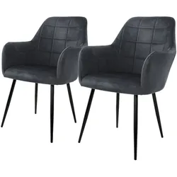 ECD Germany – Esszimmerstühle 2er Set Dunkelgrau | Samtbezug, Armlehnen, Metallbeine, ergonomische Esszimmer- & Küchenstühle