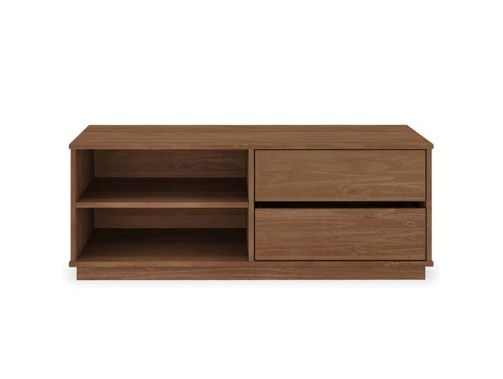 Meuble TV MAITE L 110 cm avec 2 tiroirs et 2 niches en bois massif coloris châtaignier pour télé jusqu'à 47