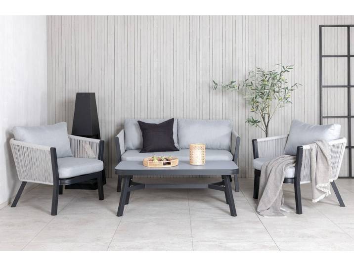 Garten Loungeset Mira – 4-teiliges Set mit grauer Glasplatte - Schwarz - Dunkelgrau - Luxusbetten24
