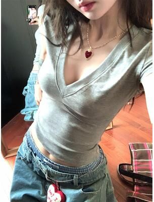 Lush Living Finds Retro Chic V Neck Women's Crop Top Slim Fit Summer Tee gray xl