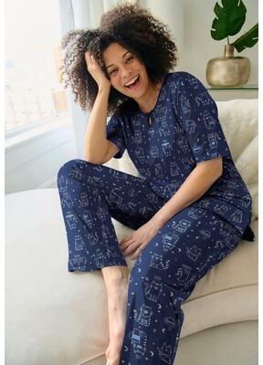 Plus Size Women's 2 Piece Keyhole Pajama Set by Serenada in Star Sign Cats (Size 1X)