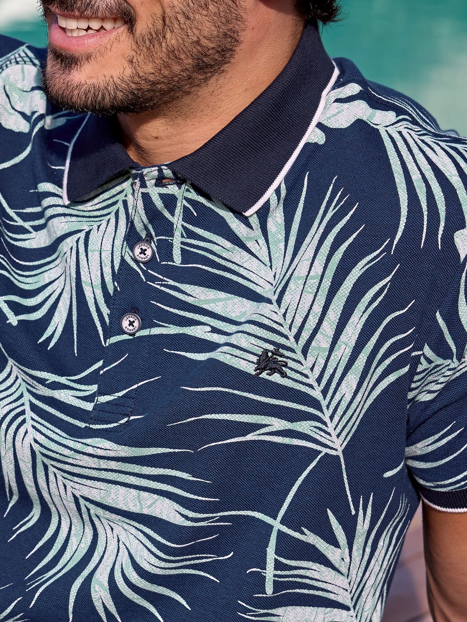 Poloshirt LERROS "Modisches Poloshirt, sommerlich gemustert", Herren, Gr. L, blau (classic navy), 100% Baumwolle, Rundhals, Shirts Poloshirt classic navy L