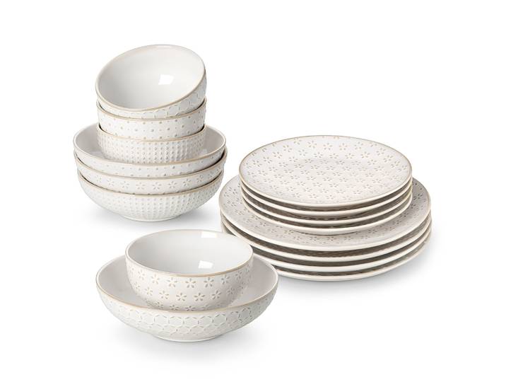 MALACASA LYDIA – service de vaisselle en céramique, 12/16 pièces, Design moderne en Relief avec assiette à dîner/dessert/soupe/bol de céréales 4/8 pièces