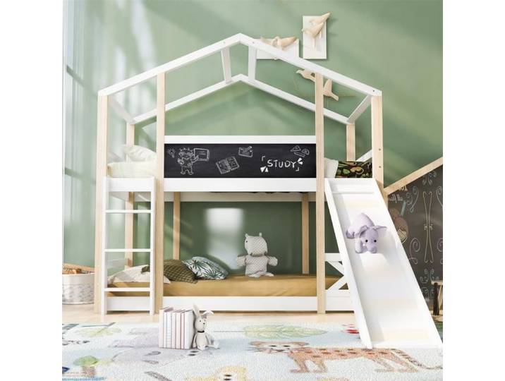 DRIPEX Lit Superposé Enfant 90x200cm avec toboggan tableau noir et échelle Lit cabane 2x sommier à lattes Lit mezzanine