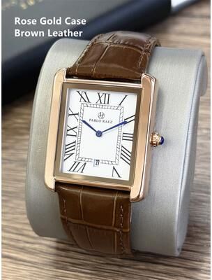 Fashion Sheath Retro Classic Mens Leather Watch Waterproof Business Casual Quartz Timepiece With Calendar & Gift Box brown Gold