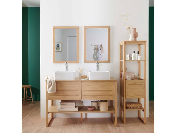 Meuble sous vasque plaqué chêne naturel 120cm+vasque+miroir carré+co