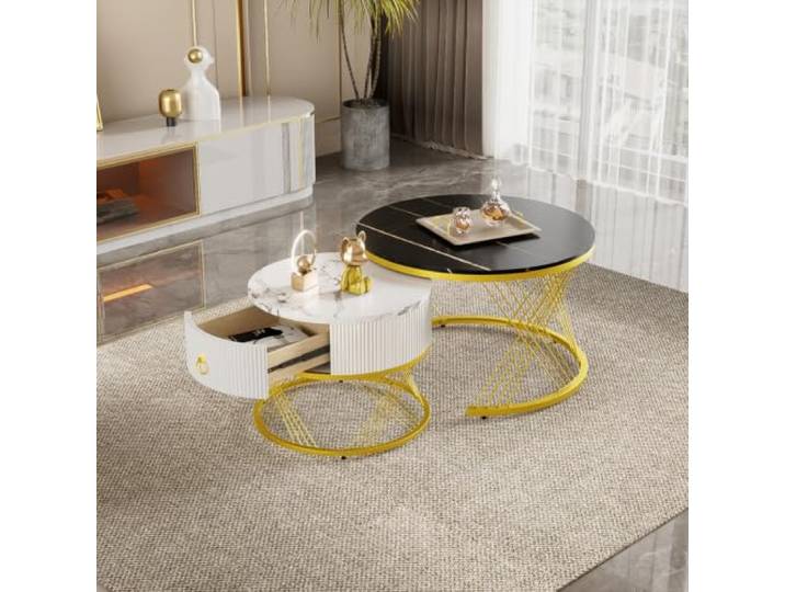 LOBO OFFICE 2-teiliges Couchtisch Set Marmoroptik,Salontisch mit Schublade Verschachtelbares Design: Beide Tische frei kombinierbar oder separat nutzbar, flexibel für unterschiedliche Raumverhältnisse