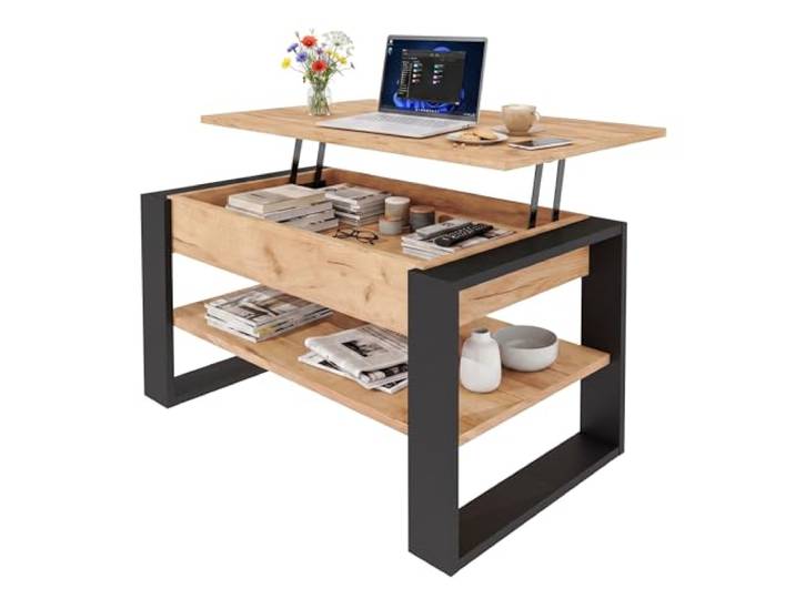 CraftPack Wohnzimmertisch 92 cm mit Liftfunktion und Stauraum Moderner Couchtisch Eiche Craft/Schwarz