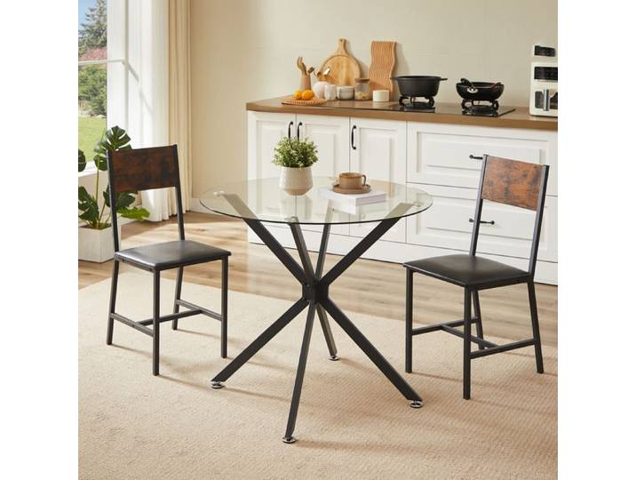 COVREO table a manger ronde 80 cm en verre trempe noir avec pieds en metal pour 1 a 4 personnes