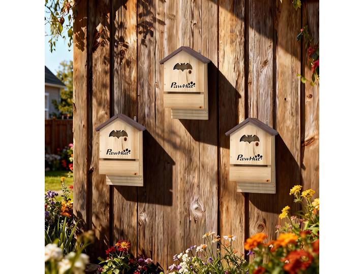 PawHut Lot 3 Nichoirs Chauve-Souris Bois Naturel 23x9,5x36,5 cm
