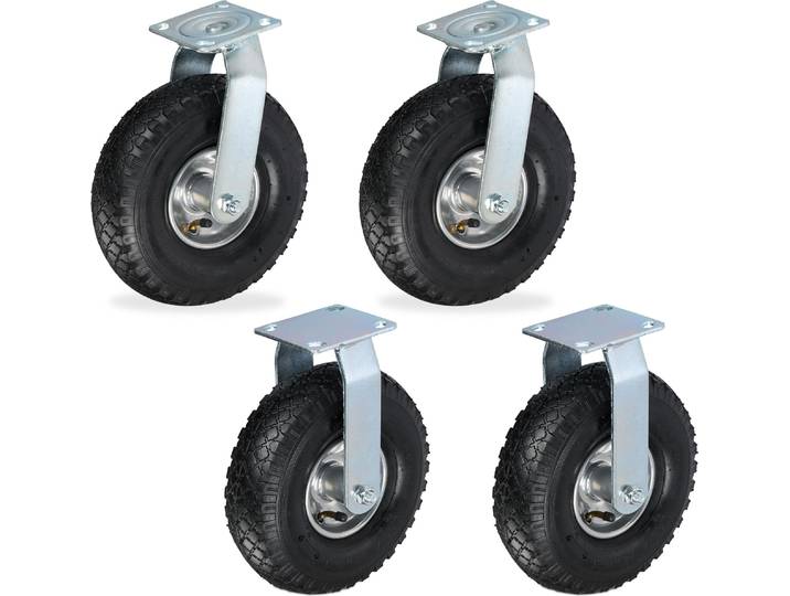 Relaxdays 2x Bockrolle + 2x Lenkrolle Set, luftbereiftes Schwerlastrad, 3.00-4, Transportrollen 120 kg, schwarz/silber