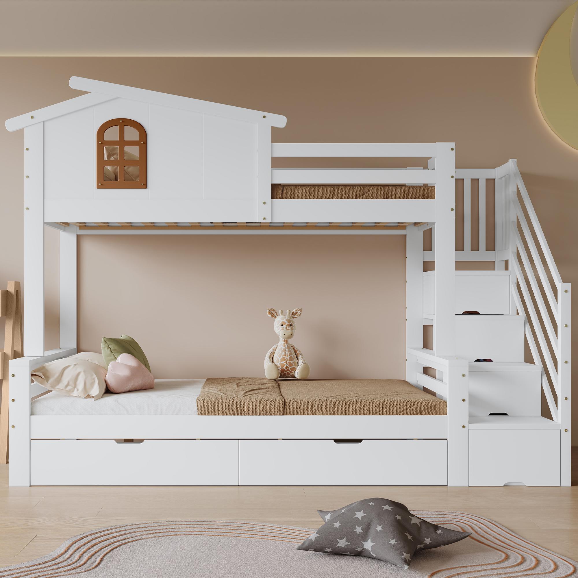 Sweiko Etagenbett, Kinderbett, Zwei Schubladen mit Rollen, Exquisite Schöne Fenster, Eck-Leiterschrank, Stabile Lattenroste, Kiefer + MDF + Sperrholz, Weiß+Natur, 90x200cm&120x200cm