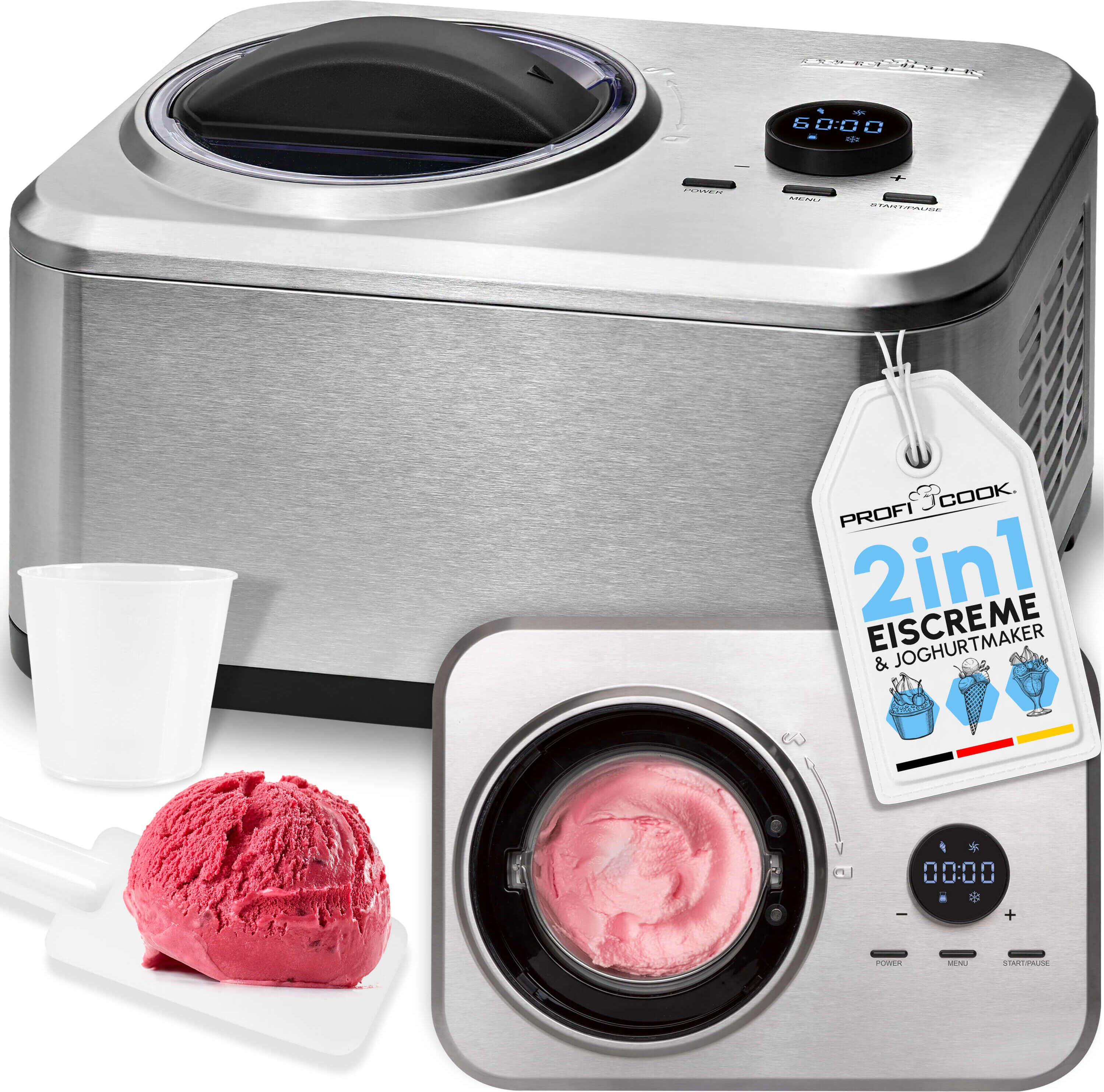 ProfiCook Eismaschine und Joghurtbereiter | Eis in 20 min. | für bis zu 1500ml | für Eis & Frozen Joghurt | Inkl. Rezeptvorschläge | PC ICM 1268