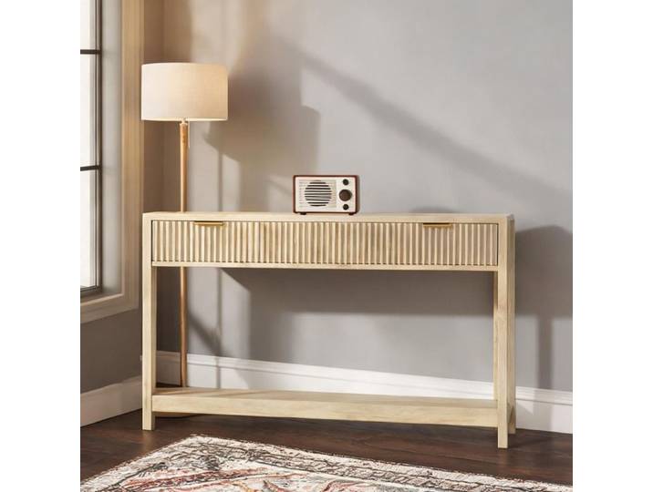 Console étroite 90 cm avec 2 tiroirs rainurés et étagère style moderne mélaminé bois naturel