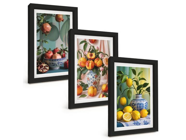 BILDER SET 3er Set - 20x30 cm Schwarzer Rahmen - Granatäpfel, Pfirsiche, Zitronen